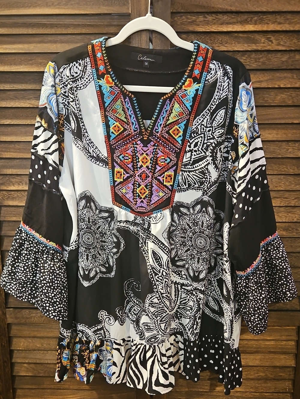 Embroidered Black & White Mixed-Print Tunic Top